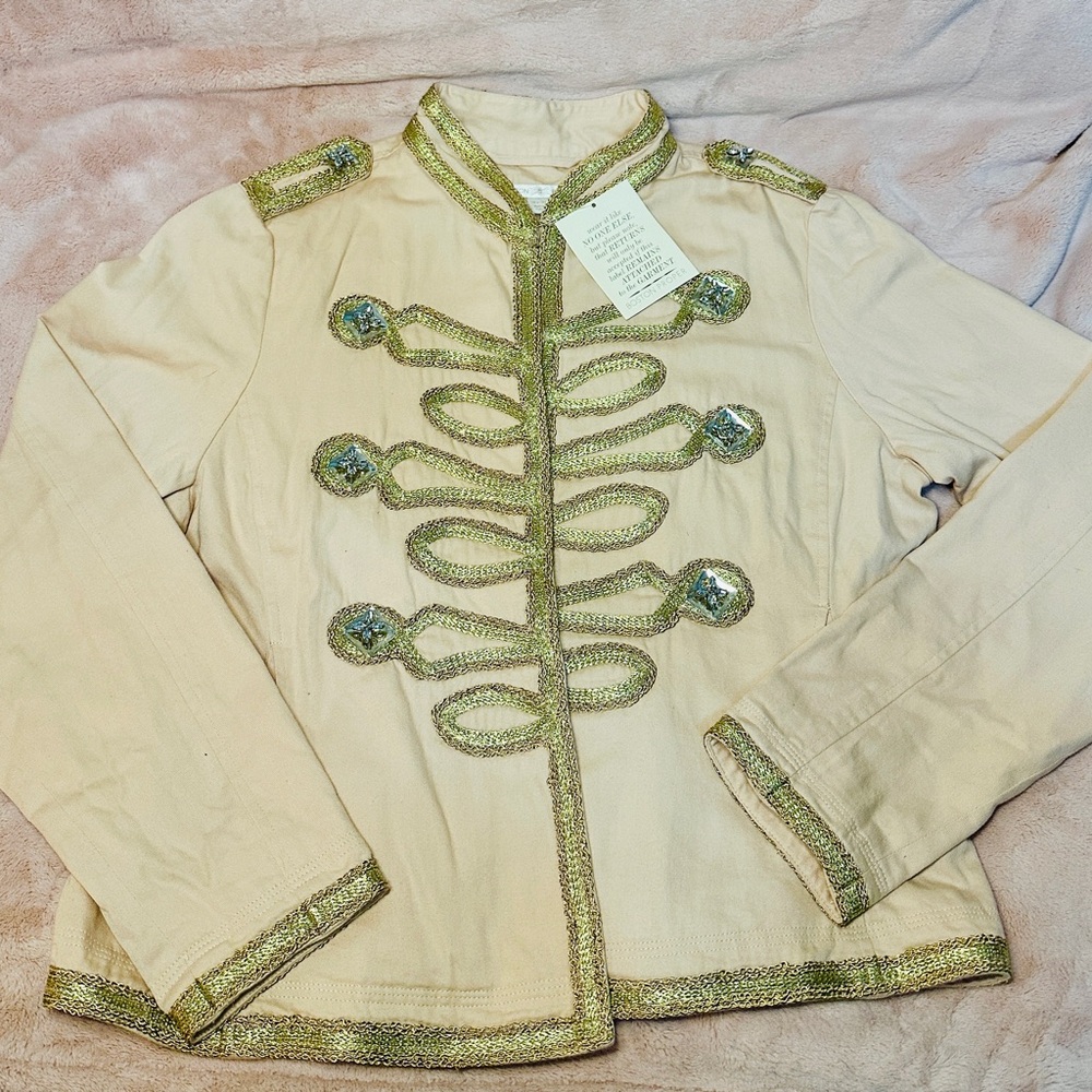 Boston Proper Cream Military-Style Jacket with Gold Trim